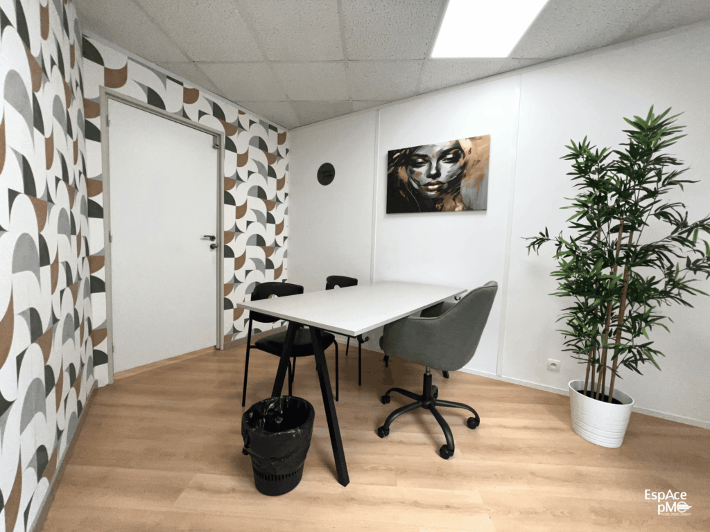 Espace de travail indépendant équipé pour les professionnels, avec bureau spacieux, siège ergonomique et décoration moderne